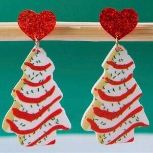 Festive Christmas Tree Earrings with Red Hearts